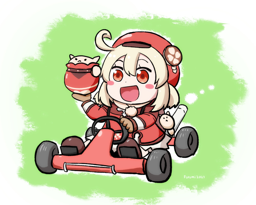 1girl :d ahoge backpack bag bangs blonde_hair bloomers blush_stickers brown_footwear brown_gloves brown_scarf cabbie_hat chibi clover_print coat commentary dodoco_(genshin_impact) english_commentary eyebrows_visible_through_hair genshin_impact gloves go_kart hat highres holding jumpy_dumpty keita_naruzawa klee_(genshin_impact) long_hair looking_at_viewer low_twintails mario_(series) mario_kart open_mouth randoseru red_coat red_eyes scarf sidelocks simple_background smile solo twintails two-tone_background underwear