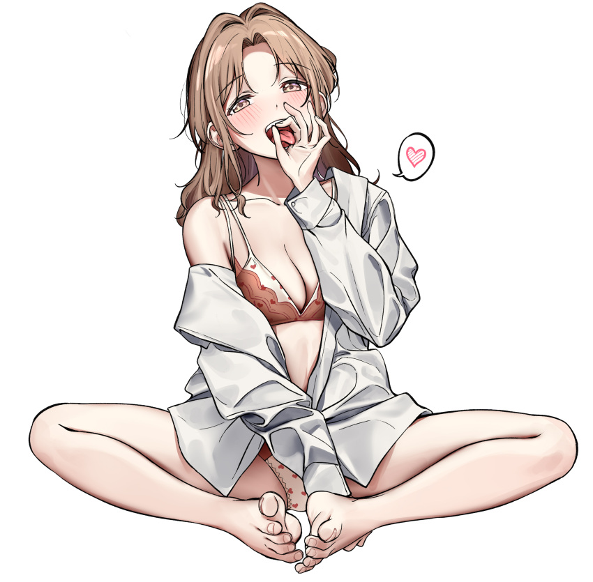 1girl absurdres bangs bare_legs barefoot blush bra breasts brown_bra brown_eyes brown_hair brown_panties butterfly_sitting cleavage collarbone commentary dress_shirt eyebrows_visible_through_hair feet fellatio_gesture full_body hand_to_own_mouth hand_up heart heart_print highres ichikawa_hinana idolmaster idolmaster_shiny_colors legs liu_chi_tiantang_fr long_hair long_sleeves looking_at_viewer medium_breasts multi-strapped_bra no_pants off_shoulder open_clothes open_mouth open_shirt panties parted_bangs print_bra print_panties saliva shiny shiny_hair shirt simple_background single_bare_shoulder sitting sleeves_past_fingers sleeves_past_wrists solo speech_bubble spoken_heart toenails toes tongue tongue_out two-tone_bra two-tone_panties underwear white_background white_bra white_panties white_shirt