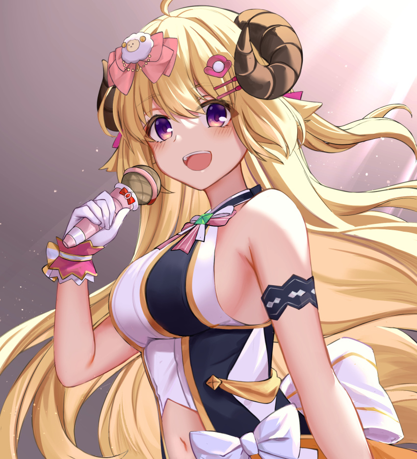 1girl arm_strap bangs blonde_hair bow breasts eyebrows_visible_through_hair gloves hair_ornament halter_top halterneck highres holding holding_microphone hololive horns idol_clothes long_hair medium_breasts microphone navel pink_bow purple_eyes sheep_hair_ornament sheep_horns sideboob solo touri_tarou_(misconception) tsunomaki_watame virtual_youtuber white_gloves wrist_cuffs