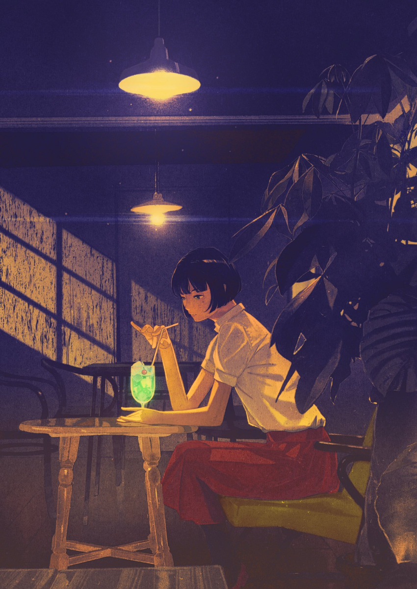 1girl black_hair cup drinking_straw feet_out_of_frame gemi highres leaf original plant red_skirt shadow shirt shirt_tucked_in short_hair short_sleeves sitting skirt solo table white_shirt wide_shot