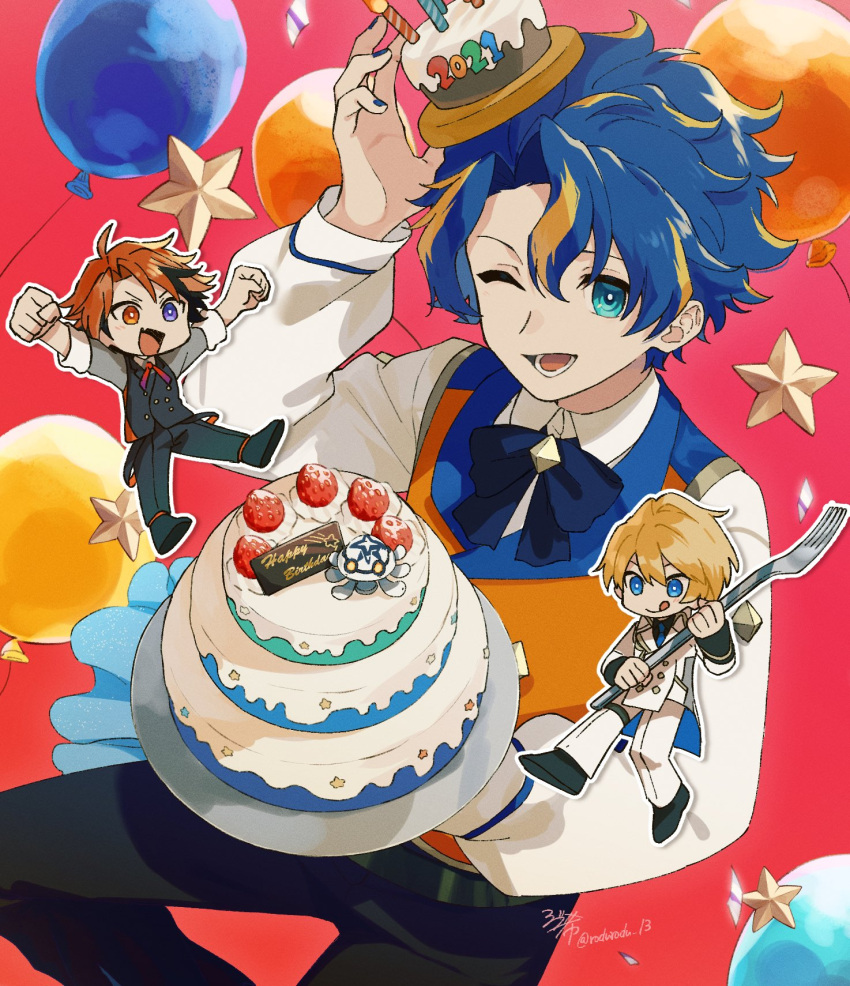 2021 3boys :d ;d aqua_eyes astel_leda balloon birthday_cake black_pants blonde_hair blue_eyes blue_hair bow bowtie cake collared_shirt commentary_request fang food fork happy happy_birthday heterochromia highres holding holding_fork holostars jacket kishido_temma male_focus multicolored_hair multiple_boys one_eye_closed open_mouth orange_eyes orange_hair pants purple_eyes rozu_ki shirt skin_fang smile streaked_hair vest virtual_youtuber white_shirt wing_collar yukoku_roberu