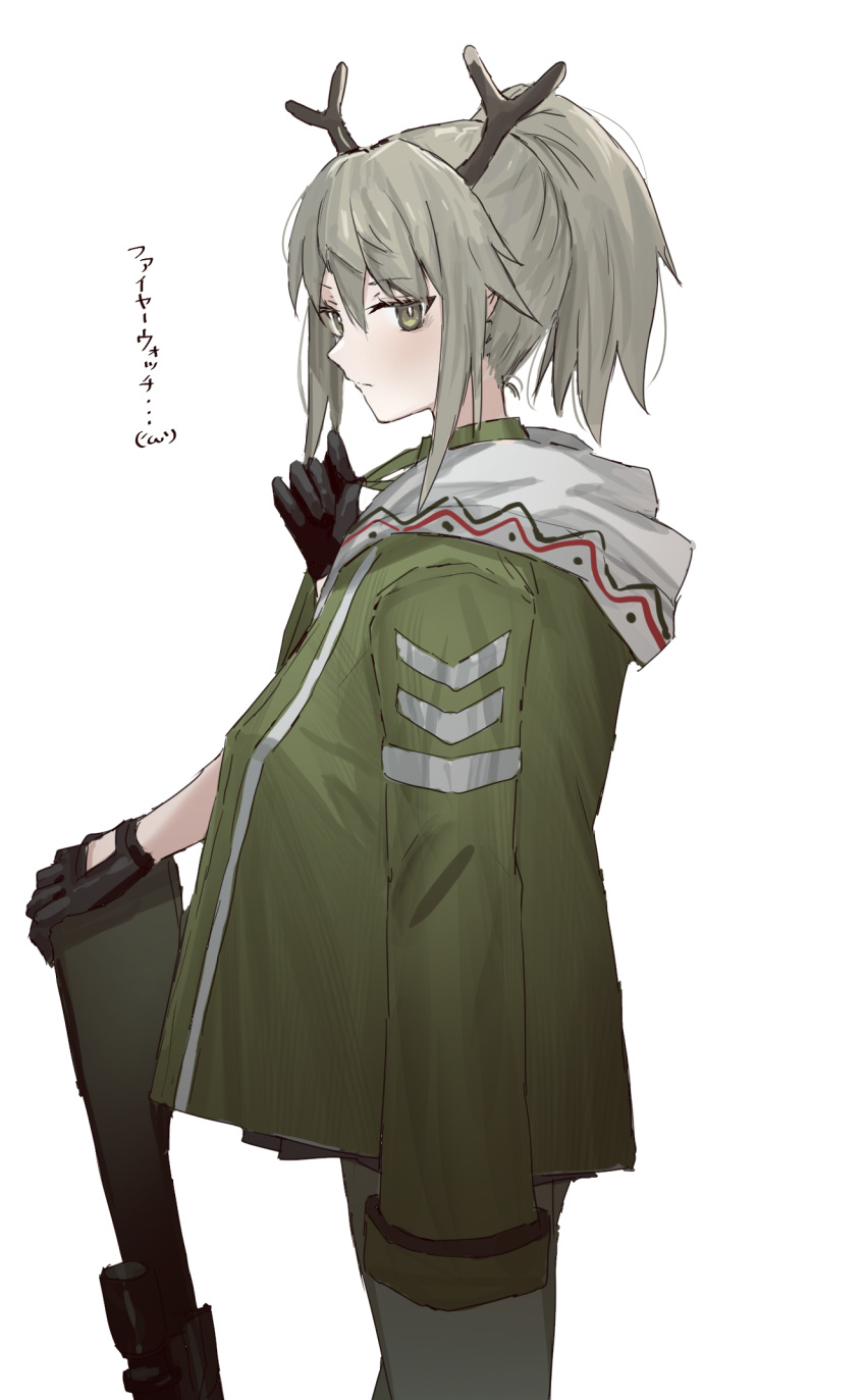 1girl antlers arknights black_gloves black_skirt commentary firewatch_(arknights) from_side gloves green_eyes green_jacket grey_hair hand_up highres jacket long_hair looking_to_the_side pleated_skirt ponytail raw_egg_lent reindeer_antlers simple_background skirt solo translated tying_hair white_background