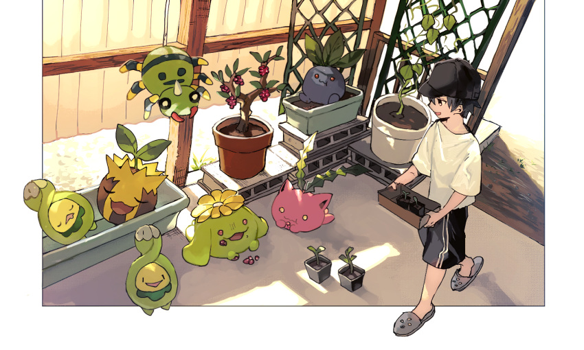 1boy baseball_cap black_hair black_headwear black_shorts budew closed_eyes closed_mouth commentary_request gen_1_pokemon gen_2_pokemon gen_4_pokemon grey_footwear hat holding hoppip male_focus mouth_drool newo_(shinra-p) oddish open_mouth plant pokemon pokemon_(creature) potted_plant shirt short_hair short_sleeves shorts skiploom slippers smile soil spinarak standing sunkern tongue white_shirt yellow_eyes