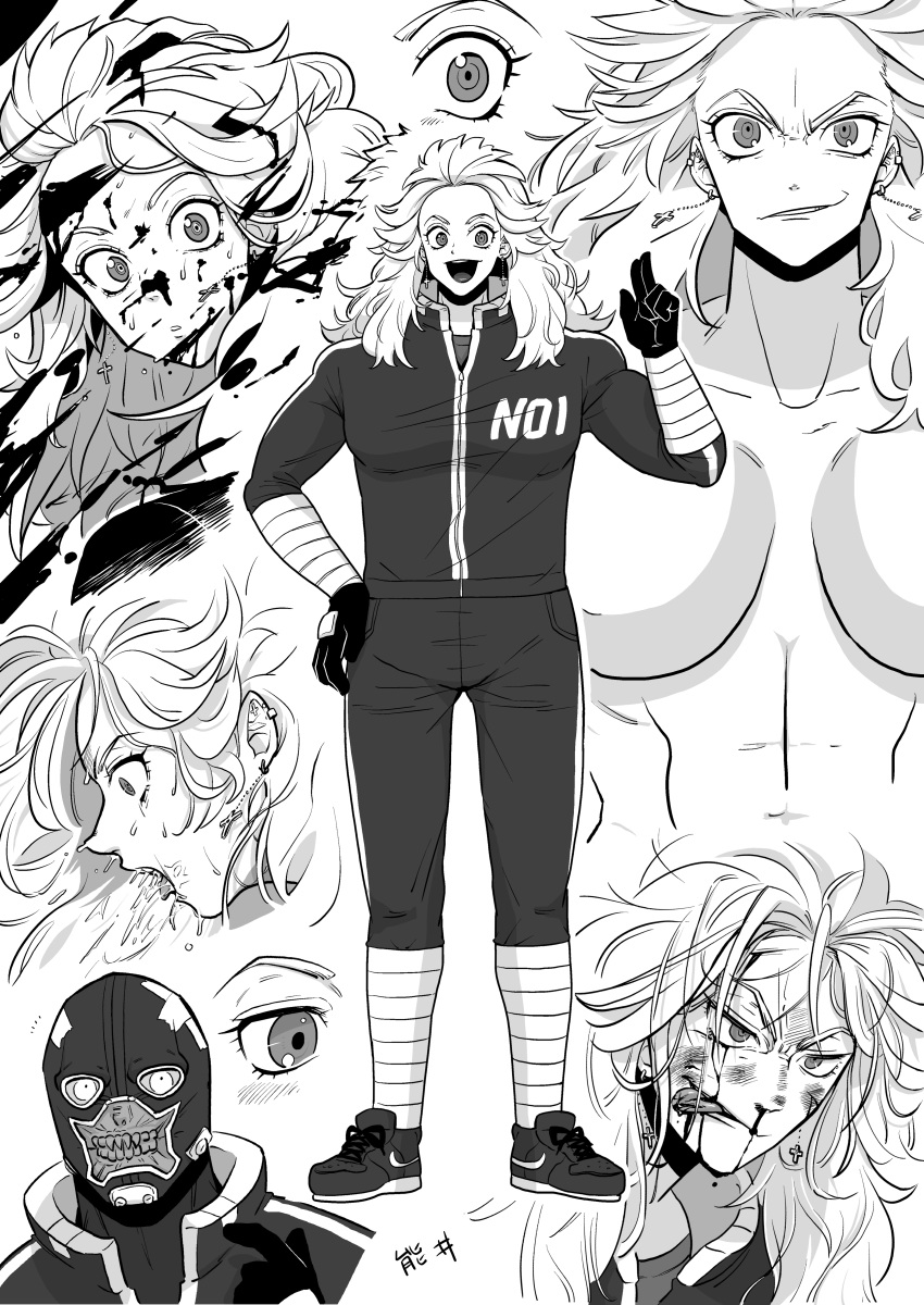 1girl abs absurdres akaakaaobi blood breasts dorohedoro earrings formal gloves greyscale highres jewelry large_breasts long_hair looking_at_viewer mask monochrome muscular muscular_female necktie noi_(dorohedoro) nude open_mouth red_eyes simple_background smile solo stitches white_hair