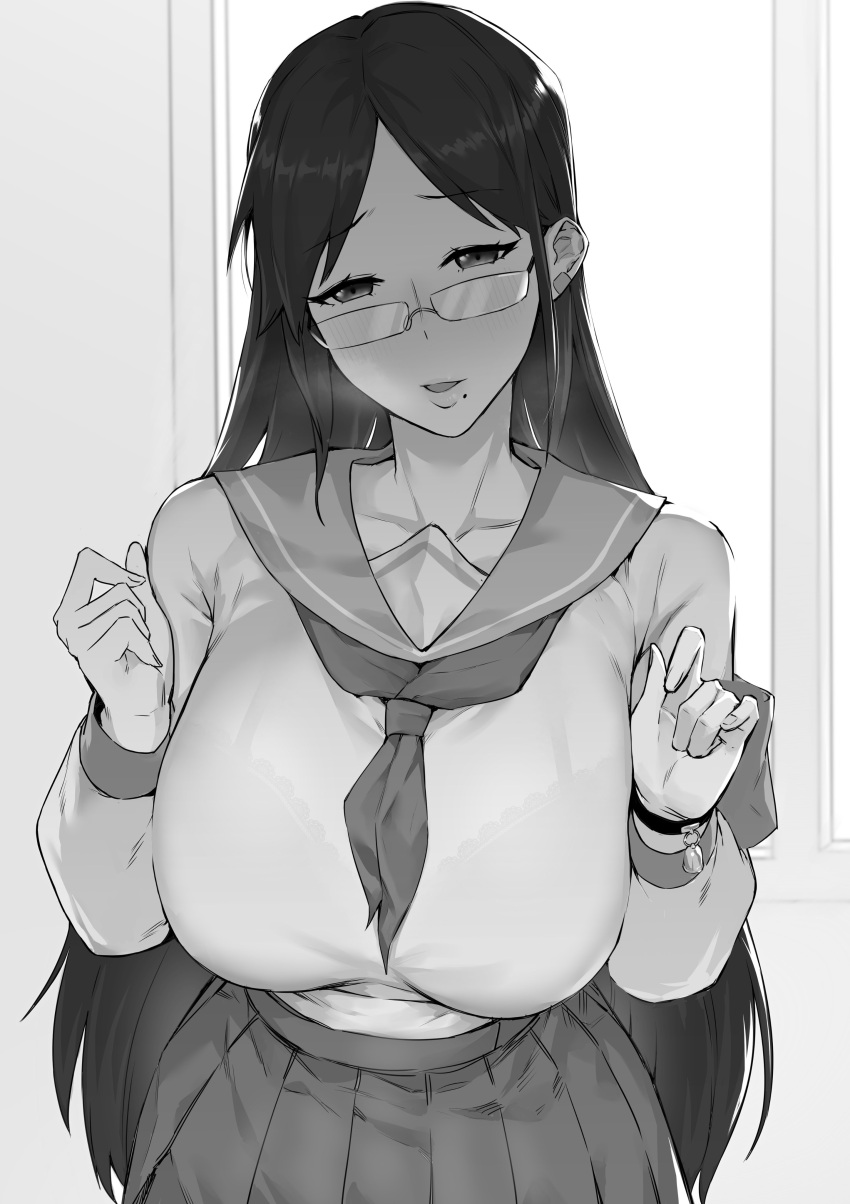 1girl absurdres bangs bra_through_clothes bracelet breasts dawalixi glasses greyscale highres jewelry large_breasts long_hair mole mole_under_mouth monochrome original parted_bangs pleated_skirt sailor_collar school_uniform serafuku shirt_tucked_in skirt solo