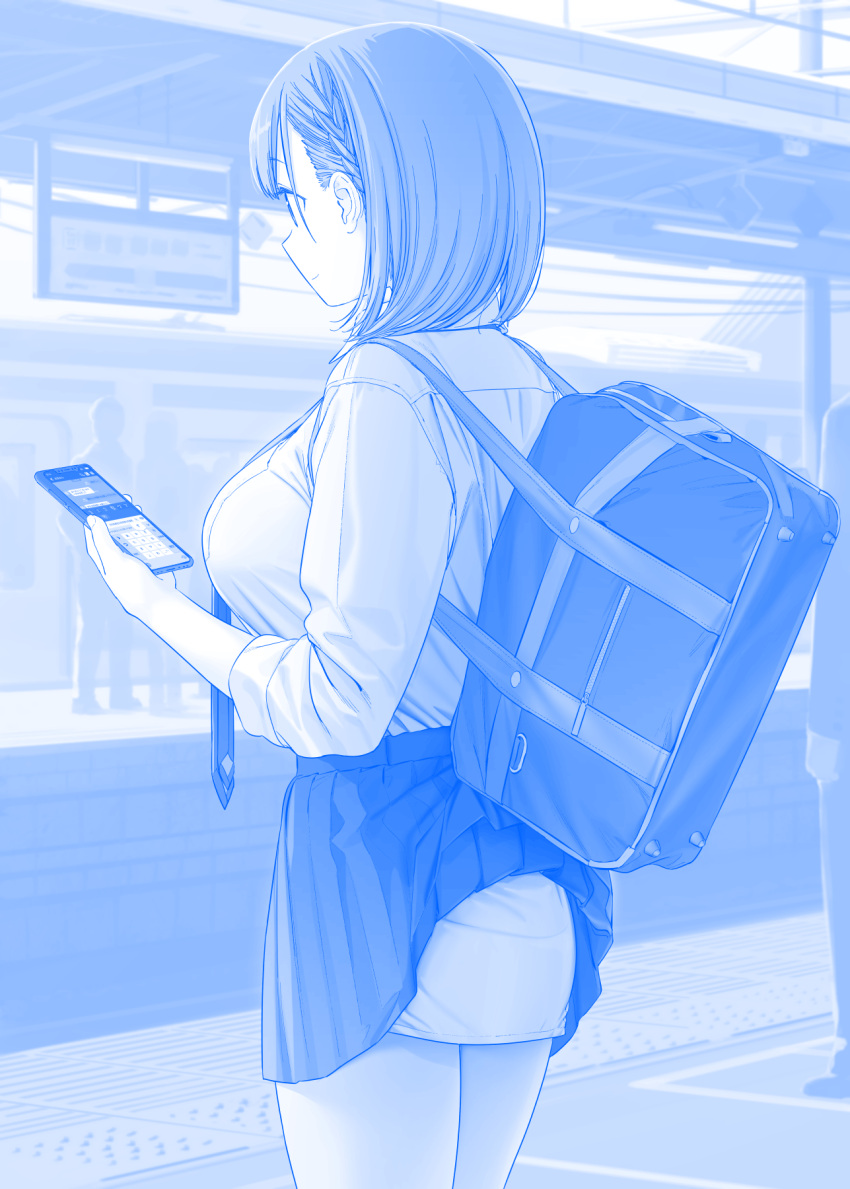1girl ai-chan_(tawawa) bag blue_theme braid breasts cellphone check_commentary collared_shirt commentary_request getsuyoubi_no_tawawa highres himura_kiseki holding holding_phone large_breasts medium_hair necktie phone pleated_skirt school_bag school_uniform shirt sign skirt smartphone they're_not_panties train_station waiting wardrobe_error white_shirt