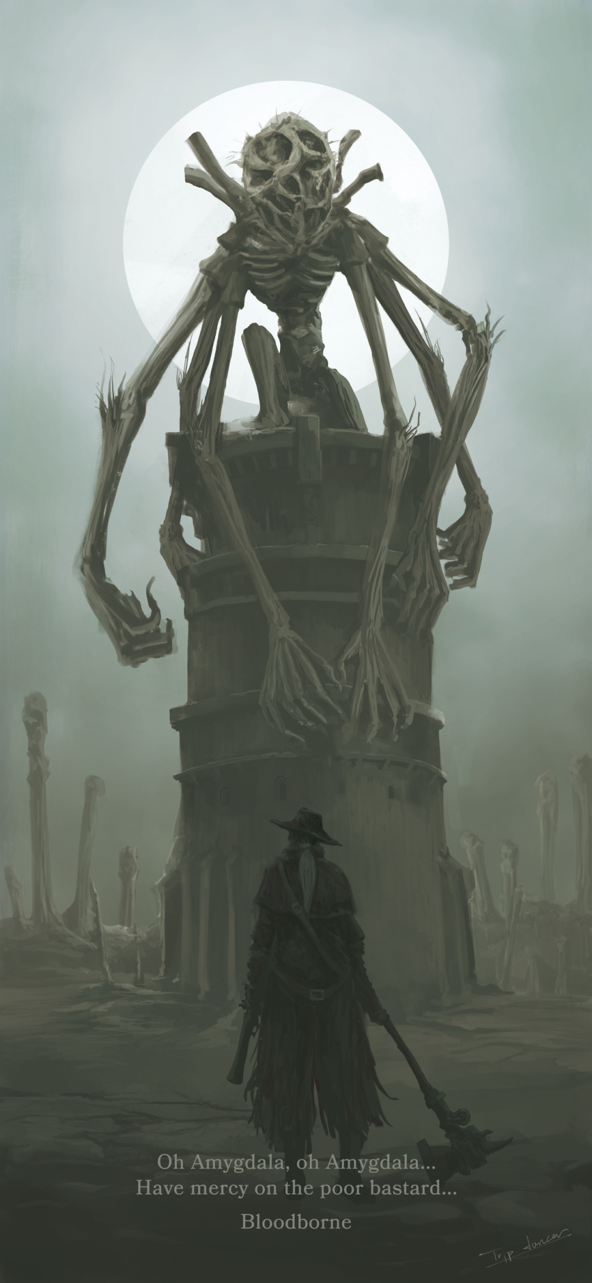 1other absurdres alien ambiguous_gender amygdala bloodborne capelet copyright_name eldritch_abomination english_text extra_arms gun hat highres holding hunter_(bloodborne) long_hair long_sleeves monster moon outdoors ponytail signature standing torn_coat tripdancer weapon