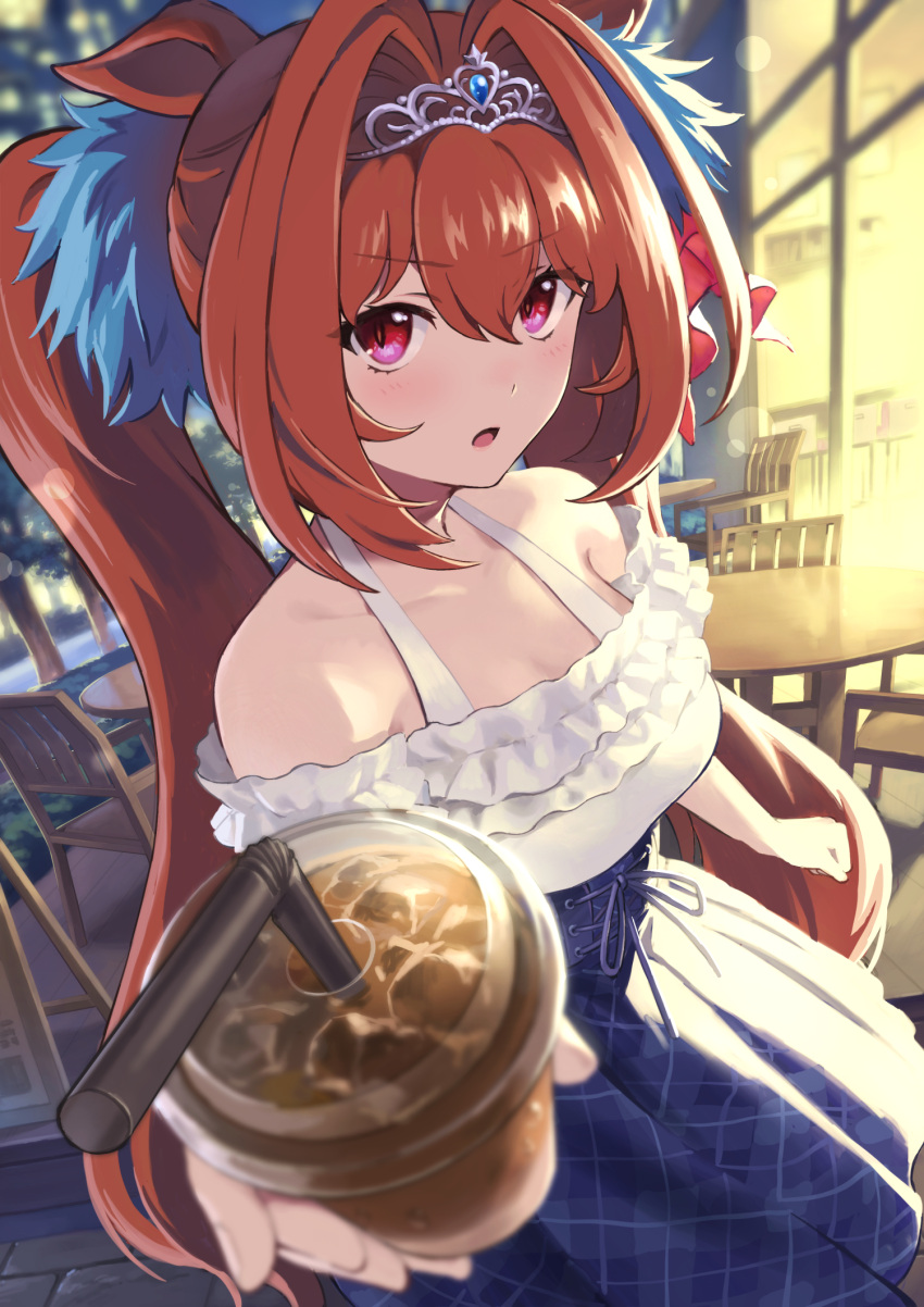 1girl animal_ears arm_at_side backlighting bangs blue_dress blur blurry blurry_background bokeh brown_hair bubble_tea chair city clenched_hand commentary_request corset cup daiwa_scarlet_(umamusume) depth_of_field diadem disposable_cup dress drinking_straw eyebrows_visible_through_hair eyes_visible_through_hair frilled_dress frills gem hair_between_eyes hair_intakes hair_ornament highres holding holding_cup horse_ears ice ice_cube light light_blush long_hair looking_at_viewer nnen5605 off-shoulder_dress off_shoulder parted_lips plaid plaid_skirt pom_pom_(clothes) pov red_eyes shadow skirt solo table twintails umamusume white_dress window