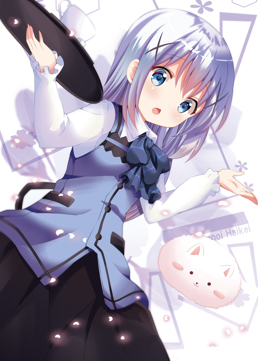 1girl bangs blue_eyes blue_hair blue_neckwear blush bow eyebrows_visible_through_hair flower gochuumon_wa_usagi_desu_ka? hair_between_eyes hair_ornament hairclip highres kafuu_chino kohakugin long_hair long_sleeves looking_at_viewer open_mouth petals rabbit_house_uniform shirt sidelocks skirt tippy_(gochiusa) tray vest w_arms white_shirt x_hair_ornament