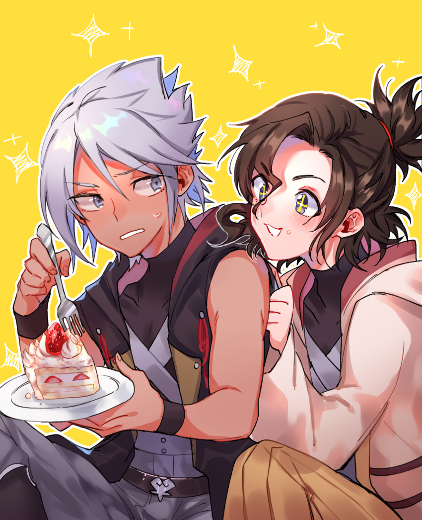 2boys belt black_eyes brown_hair cake dark-skinned_male dark_skin eraqus eyebrows_visible_through_hair food food_on_face fork fruit furrowed_brow hair_between_eyes highres holding holding_fork kingdom_hearts kingdom_hearts_iii long_sleeves male_focus multiple_boys open_mouth plate silver_eyes silver_hair simple_background sitting sleeveless sparkle_background sparkling_eyes spiked_hair strawberry strawberry_shortcake sweat wide_sleeves wristband xehanort yaoi yellow_background younger zakkuchan