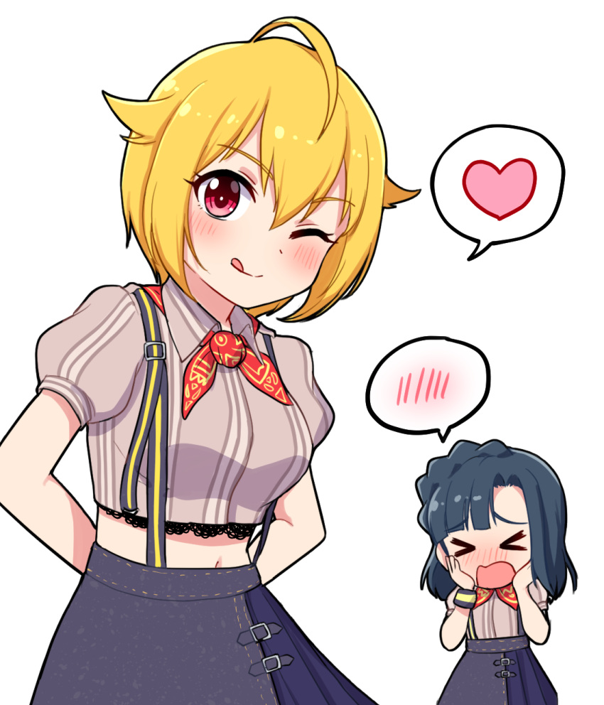 &gt;_&lt; 2girls ;q ahoge arms_behind_back bangs black_hair black_skirt blonde_hair blush braid chibi closed_eyes closed_mouth collared_shirt commentary_request crop_top eyebrows_visible_through_hair grey_shirt hair_between_eyes hair_flaps hands_on_own_face hands_up heart highres ibuki_tsubasa idolmaster idolmaster_million_live! idolmaster_million_live!_theater_days lace-trimmed_shirt lace_trim looking_at_viewer midriff multiple_girls nanao_yuriko navel one_eye_closed open_mouth puffy_short_sleeves puffy_sleeves red_eyes shirt short_hair short_sleeves simple_background skirt smile spoken_blush spoken_heart suspender_skirt suspenders takiki tongue tongue_out wavy_mouth white_background