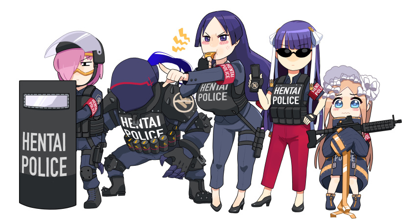 1boy 4girls abigail_williams_(fate) absurdres armlet assault_rifle bangs black_footwear blowing_whistle blue_eyes blush body_armor breasts bulletproof_vest coat fate/grand_order fate_(series) fingerless_gloves gloves gun hair_over_one_eye hair_ribbon hand_on_hip helmet high_heels highres lancelot_(fate/grand_order) large_breasts martha_(fate) mash_kyrielight mask minamoto_no_raikou_(fate) monkey_jon multiple_girls pants parted_bangs pink_hair pointing police police_badge police_uniform policewoman purple_eyes purple_hair red_pants ribbon rifle shield simple_background standing sunglasses uniform wavy_mouth weapon white_background white_headwear