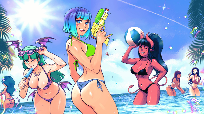 6+girls absurdres aqua_hair arm_up asami_sato avatar_(series) ball bangs beachball bikini bikini_top_removed black_bikini black_hair blue_eyes blue_hair blue_sky blunt_bangs breasts cleavage cloud cloudy_sky colored_skin demon_tail dreamgirl_(iahfy) eyewear_on_head felicia_(vampire) food from_behind gradient_hair green_eyes green_hair green_nails head_wings heart highres holding holding_ball holding_beachball holding_water_gun horizon horns iahfy korra large_breasts leaning_forward long_hair low_wings medium_breasts morrigan_aensland multicolored_hair multiple_girls navel one_eye_closed open_mouth original partially_submerged plant pointy_ears ponytail popsicle print_bikini purple_bikini purple_nails red_bikini red_horns red_skin short_hair sky small_breasts smile sparkle swimsuit synth_(iahfy) tail tan tanline the_legend_of_korra vampire_(game) water_gun wings