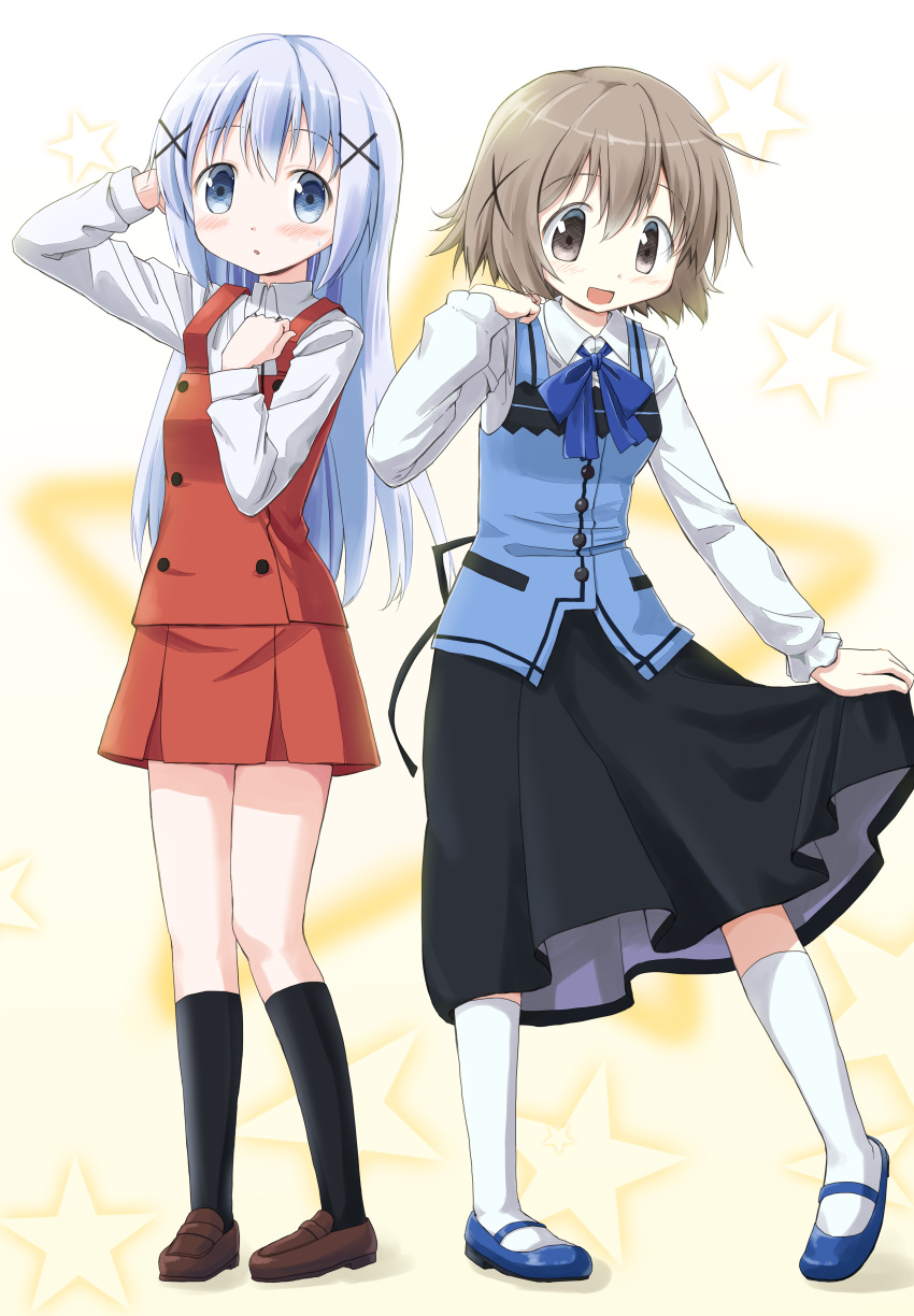 2girls :d :o absurdres arm_up bangs black_legwear black_skirt blue_footwear blue_vest blush brown_footwear cosplay costume_switch crossover eyebrows_visible_through_hair full_body gochuumon_wa_usagi_desu_ka? gradient gradient_background hair_ornament hand_up hidamari_sketch highres huge_filesize kafuu_chino kafuu_chino_(cosplay) light_blue_hair light_brown_hair long_hair looking_at_viewer looking_down multiple_girls open_mouth percy_pyl rabbit_house_uniform red_skirt school_uniform shirt shoes short_hair skirt smile socks standing star_(symbol) vest white_legwear white_shirt x_hair_ornament yamabuki_school_uniform yuno_(hidamari_sketch) yuno_(hidamari_sketch)_(cosplay)