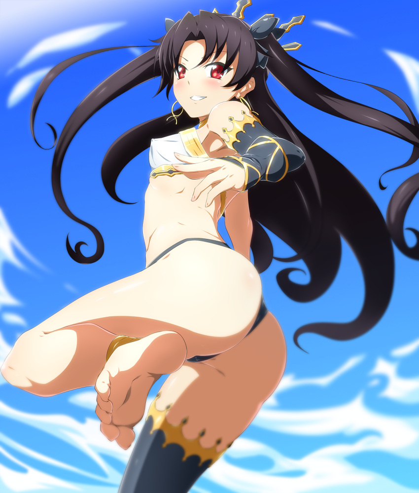 1girl anklet ass barefoot bikini black_hair black_legwear bracelet breasts covered_nipples danpu detached_sleeves earrings fate/grand_order fate_(series) gold_trim grin hair_ribbon highres hoop_earrings ishtar_(fate) ishtar_(fate)_(all) jewelry long_hair looking_at_viewer medium_breasts red_eyes ribbon single_detached_sleeve single_thighhigh smile soles solo swimsuit thighhighs tiara toe_scrunch toes two_side_up white_bikini