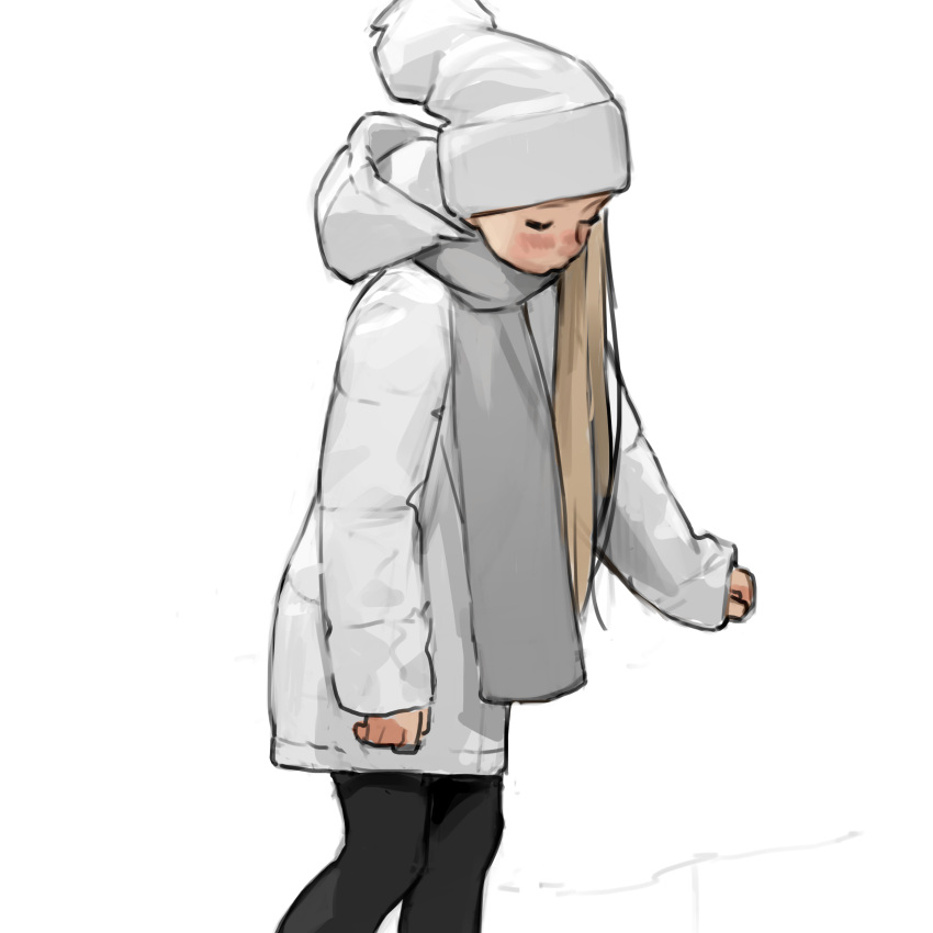 1girl absurdres black_legwear blonde_hair blush closed_eyes coat grey_scarf hat highres hood hood_down knit_hat leggings long_sleeves looking_down luimiart original scarf simple_background solo white_background white_coat white_headwear winter_clothes winter_coat