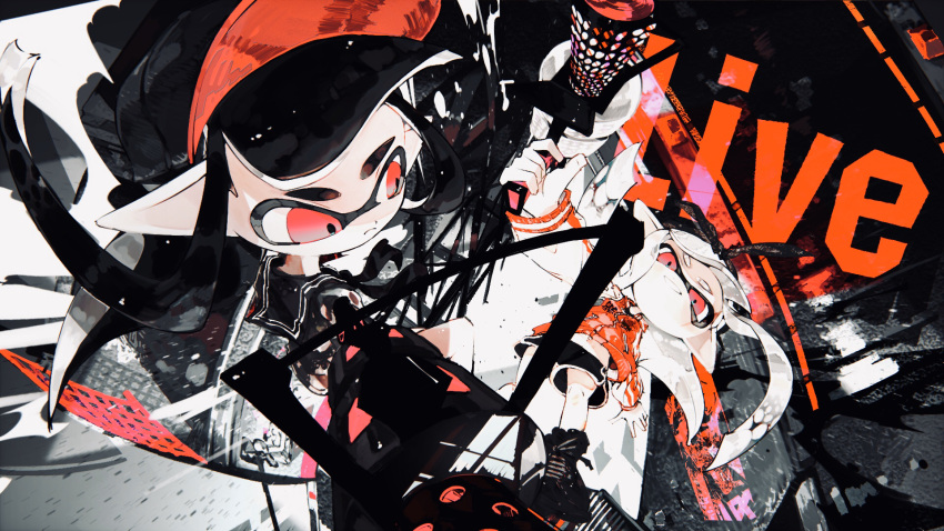 .96_gal_(splatoon) 2girls bangs black_footwear black_hair black_sailor_collar black_shorts closed_mouth domino_mask gun highres holding holding_weapon inkling jacket long_hair long_sleeves mask multiple_girls pointy_ears red_eyes sailor_collar shoes shorts sneakers splatoon_(series) splatoon_2 tekito_midori tentacle_hair thick_eyebrows weapon white_hair