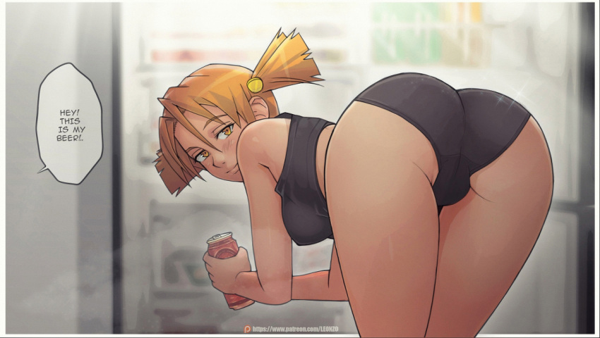 1girl ass bangs bare_arms bare_shoulders beer_can bent_over black_panties black_shirt blush border breasts can crop_top duplicate dvach-tan english_text everlasting_summer from_behind hair_ornament holding leonzo looking_at_viewer looking_back medium_breasts panties patreon_username red_hair refrigerator shirt smile solo speech_bubble twintails underwear watermark web_address white_border