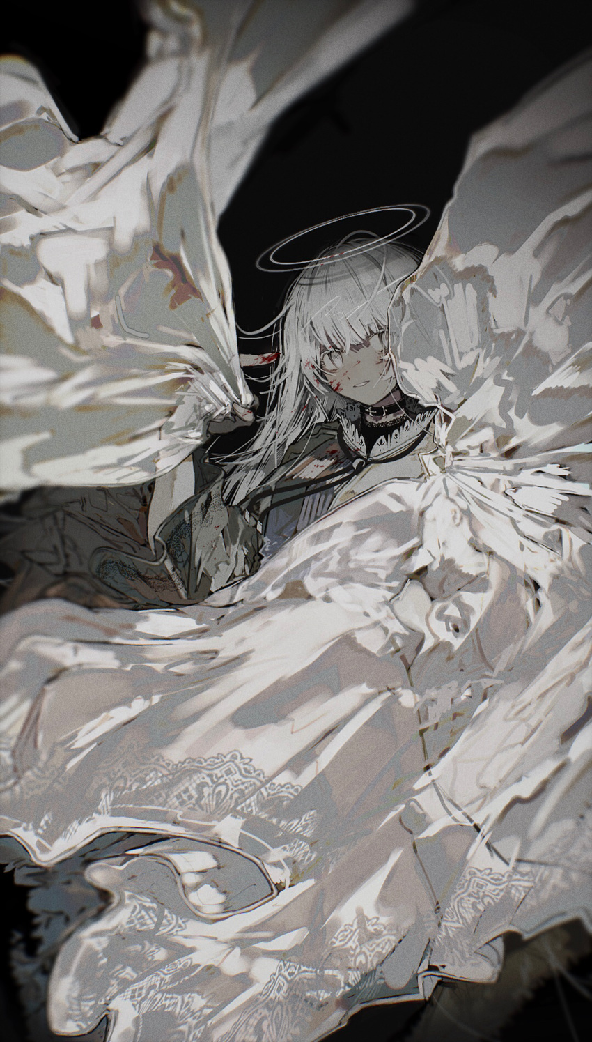 1girl bangs black_background black_collar blood blood_on_face bloody_hands breasts collar colored_skin grey_skin halo highres holding long_hair original silver_hair simple_background solo tagme tekito_midori white_eyes wide_sleeves