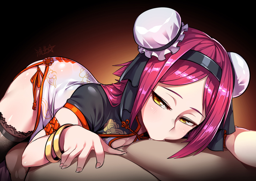 1boy 1girl action_taimanin black_legwear breasts china_dress chinese_clothes dress hair_bun hairband hetero highres licking long_hair nipple_licking orange_eyes red_hair ryuusei_(mark_ii) shiny shiny_hair shiny_skin small_breasts solo_focus su_jinlei sucking_male_nipple taimanin_(series) thighhighs tongue tongue_out white_dress