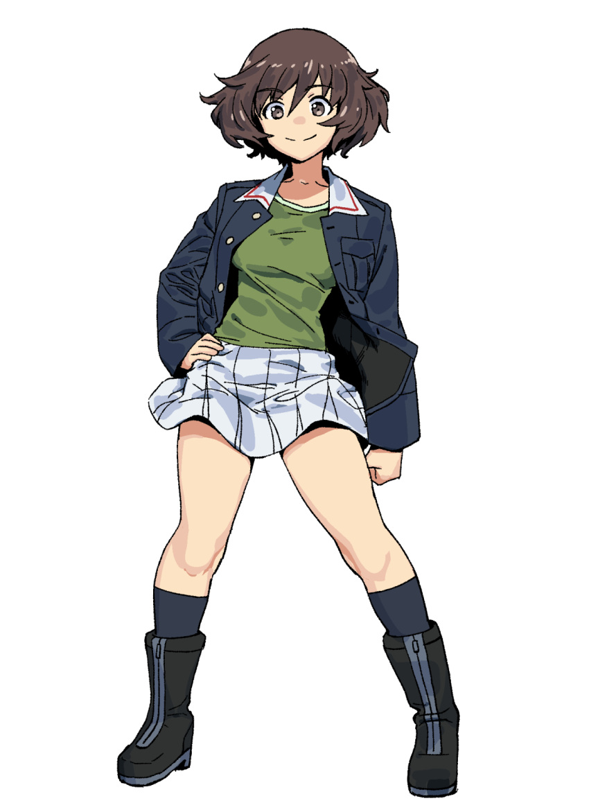 1girl akiyama_yukari blue_jacket blue_legwear boots brown_eyes brown_hair contrapposto girls_und_panzer green_shirt hands highres jacket onsen_tamago_(hs_egg) ooarai_military_uniform shirt skirt smile solo spread_legs white_background white_skirt zipper_footwear