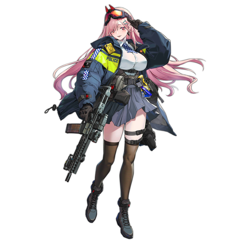 1girl assault_rifle bag bangs belt black_footwear black_gloves black_legwear blue_jacket blue_skirt blush boots breasts earrings eyebrows_visible_through_hair eyewear_on_head floor girls'_frontline gloves gun heart heart_earrings highres holding jacket jewelry large_breasts long_hair looking_at_viewer mole mole_under_eye neck_tattoo official_art open_clothes open_jacket open_mouth pink_hair police police_uniform red_eyes rifle salute shirt sig_mcx_(girls'_frontline) sig_sauer sig_sauer_mcx skirt solo standing tattoo thighhighs transparent_background uniform walkie-talkie weapon white_shirt yitiao_er-hua