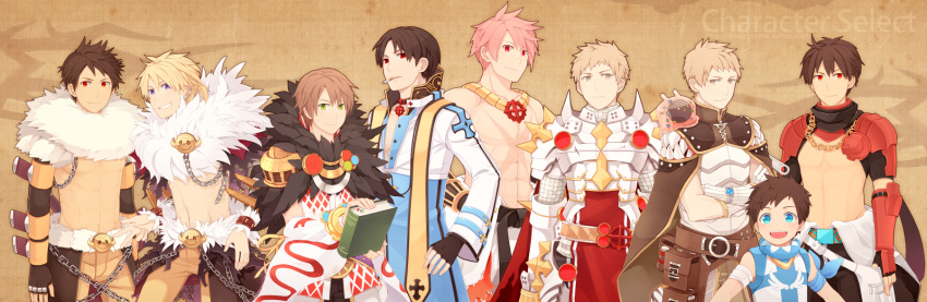 6+boys archbishop_(ragnarok_online) argyle_shirt armband armor bangle bangs belt black_belt black_cape black_gloves black_pants blue_coat blue_eyes blue_shirt blush book bracelet breastplate brown_belt brown_cape brown_eyes brown_hair brown_pants cape chain chainmail character_select cigarette closed_mouth clothes_around_waist coat commentary_request cowboy_shot creator_(ragnarok_online) crossed_arms detached_sleeves dual_persona ear_piercing endo_mame fingerless_gloves flame_print fur_collar gauntlets gloves green_eyes grin hair_between_eyes highres holding holding_book jewelry jumpsuit jumpsuit_around_waist leg_armor living_clothes looking_at_viewer male_focus mechanic_(ragnarok_online) multiple_boys necklace no_nipples open_mouth pants pauldrons piercing pink_hair pouch purple_eyes ragnarok_online red_armor red_cape red_eyes rune_knight_(ragnarok_online) shadow_chaser_(ragnarok_online) shirt shirt_around_waist shirtless short_hair short_ponytail shorts shoulder_armor shrug_(clothing) shura_(ragnarok_online) sleeveless sleeveless_shirt slime_(creature) smile sorcerer_(ragnarok_online) sorceress_(dragon's_crown) spiked_pauldrons super_novice_(ragnarok_online) tabard teeth toned toned_male two-tone_coat two-tone_shirt vambraces vanilmirth_(ragnarok_online) waist_cape white_coat white_gloves white_jumpsuit white_pants white_shirt white_sleeves wing_print wrench