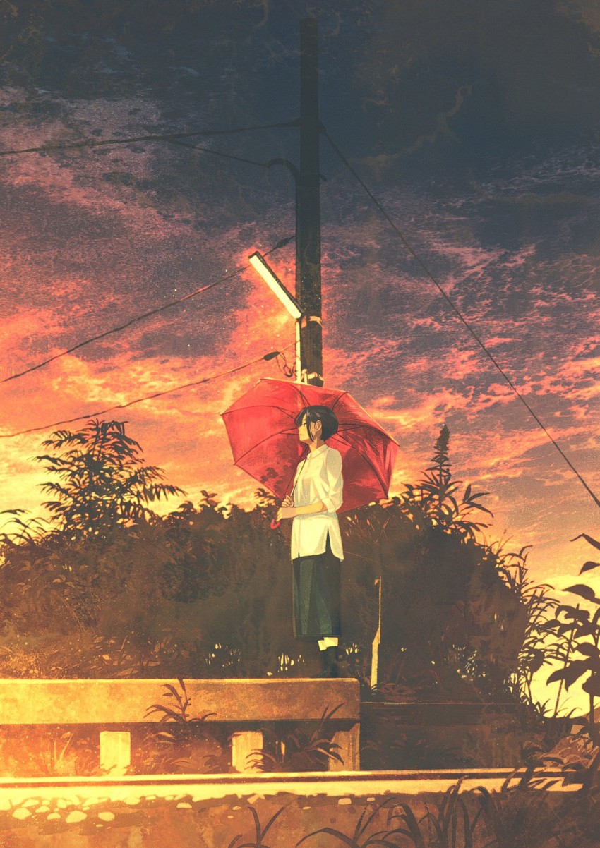 1girl black_footwear black_hair black_legwear black_skirt cloud cloudy_sky gemi highres holding holding_umbrella leaf long_sleeves original outdoors plant profile red_umbrella shirt shoes short_hair skirt sky socks solo standing umbrella white_shirt wide_shot