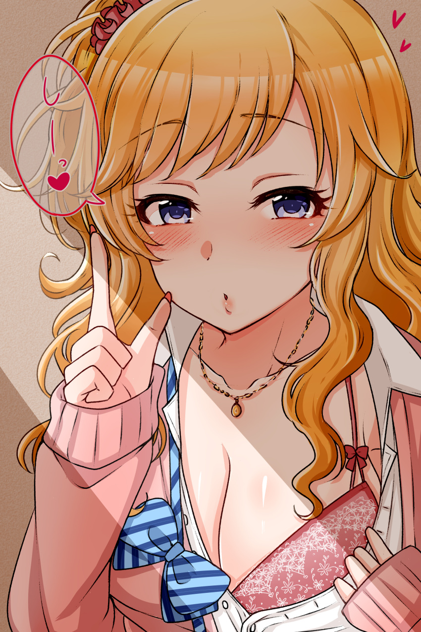 1girl :o absurdres bangs blonde_hair blue_bow blue_eyes blush bow bowtie bra breasts brown_background cardigan cleavage collarbone dress_shirt eyebrows_visible_through_hair hair_ornament hair_scrunchie heart highres idolmaster idolmaster_cinderella_girls jewelry large_breasts long_hair long_sleeves looking_at_viewer mariabowl necklace ohtsuki_yui pink_bra pink_cardigan pink_scrunchie portrait red_nails scrunchie shirt solo spoken_heart striped striped_bow translated underwear white_shirt