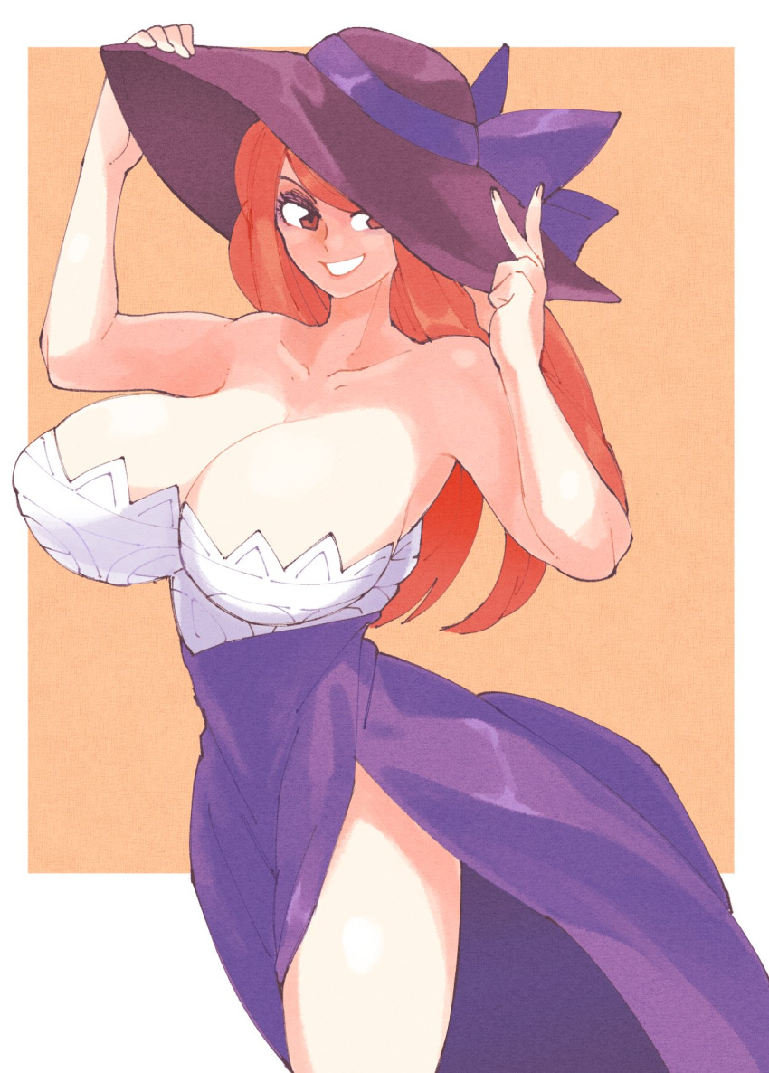 1girl bare_shoulders breasts brown_background brown_eyes cleavage collarbone commentary dragon's_crown dress grin hat highres huge_breasts inkerton-kun long_hair purple_dress red_hair smile solo sorceress_(dragon's_crown) sun_hat thighs