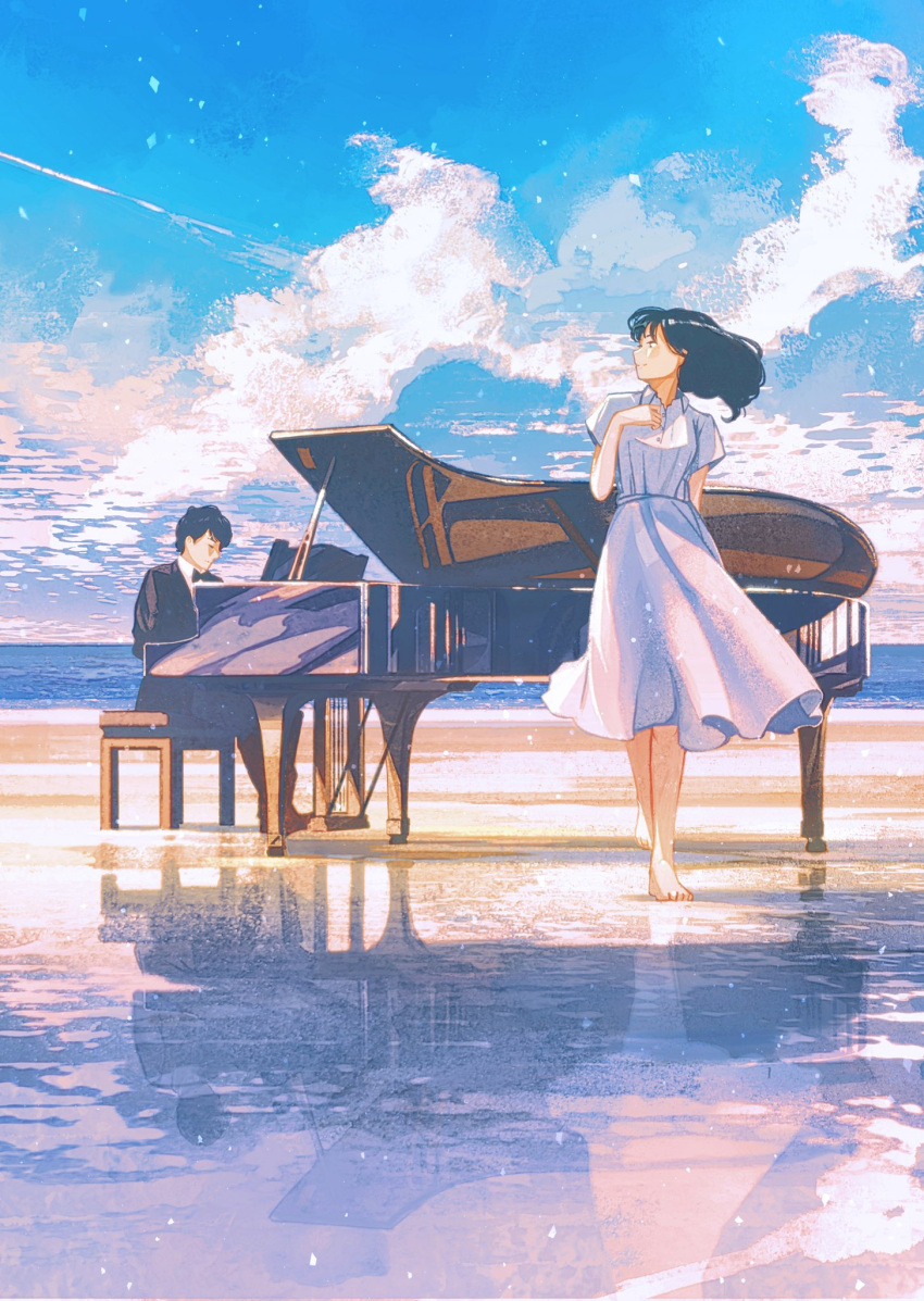 1boy 1girl barefoot black_hair black_jacket black_neckwear blue_sky bow bowtie cloud cloudy_sky dress formal gemi highres instrument jacket long_hair original piano profile reflection short_hair short_sleeves sky suit white_dress