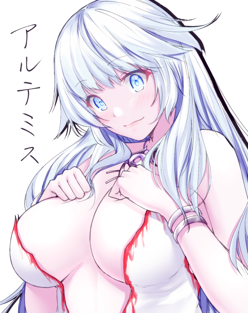 1girl amatlas artemis_(fate) blue_eyes breasts cleavage eyebrows_visible_through_hair fate/grand_order fate_(series) highres large_breasts long_hair looking_at_viewer smile solo upper_body white_hair