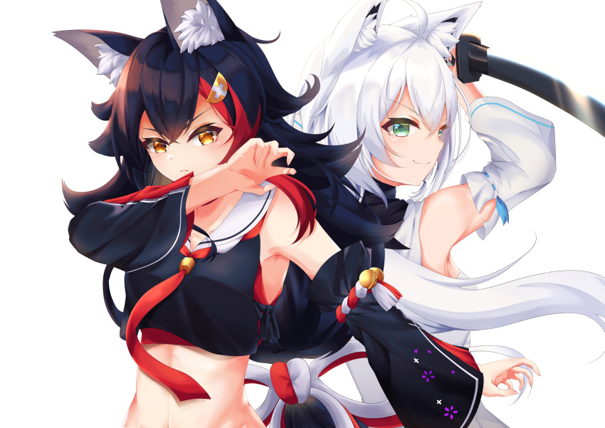 2girls absurdres ahoge animal_ear_fluff animal_ears arms_up back-to-back bangs black_hair black_shirt blue_neckwear breasts claw_pose crop_top detached_sleeves eyebrows_visible_through_hair fox_ears fox_girl green_eyes hair_between_eyes hair_ornament hairclip highlights highres holding holding_sword holding_weapon hololive hololive_alternative hood hoodie huge_filesize katana looking_at_viewer medium_breasts midriff multicolored_hair multiple_girls navel neckerchief ookami_mio outstretched_arm red_hair red_neckwear shiinochi shirakami_fubuki shirt sidelocks simple_background small_breasts smile sword two-tone_hair upper_body virtual_youtuber weapon white_background white_hair white_hoodie wolf_ears wolf_girl yellow_eyes