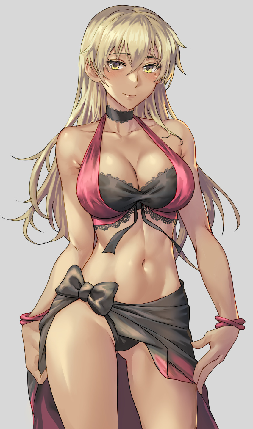 1girl absurdres alternate_costume bikini black_bikini black_choker blonde_hair blush breasts choker cleavage commission commissioner_upload cosplay dark-skinned_female dark_skin dorothea_arnault dorothea_arnault_(cosplay) fire_emblem fire_emblem:_the_binding_blade highres igrene_(fire_emblem) kokuzou lace-trimmed_choker lace_trim large_breasts light_smile long_hair looking_at_viewer mole mole_under_eye sarong sarong_aside skeb_commission smile solo swimsuit yellow_eyes