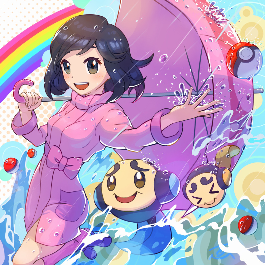 &gt;_&lt; 1girl :d bangs black_hair blush boots bow commentary_request eyelashes gen_5_pokemon highres holding holding_umbrella long_sleeves medium_hair npc_trainer open_mouth parasol_lady_(pokemon) pink_coat pink_footwear poke_ball poke_ball_(basic) pokemon pokemon_(creature) pokemon_(game) pokemon_bw rain rainbow shiny shiny_hair smile tom_(pixiv10026189) tongue tympole umbrella upper_teeth water water_drop