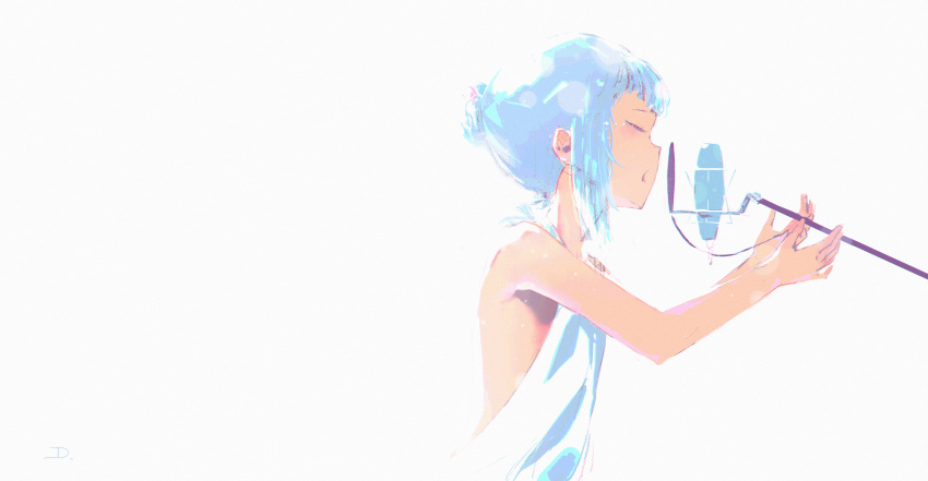 1girl absurdres bangs blue_hair closed_eyes dino_(dinoartforame) dress flat_chest formal from_side gawr_gura hair_behind_ear hair_bun highres hololive hololive_english microphone multicolored_hair music open_hands sidelocks silver_hair singing solo streaked_hair studio_microphone virtual_youtuber white_background white_dress