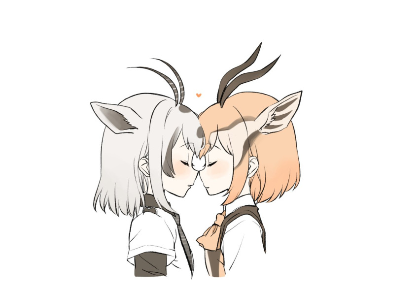 2girls animal_ears arabian_oryx_(kemono_friends) black_collar black_hair black_neckwear black_sleeves blush brown_vest closed_eyes collar collared_shirt commentary_request extra_ears eyebrows_visible_through_hair gazelle_ears gazelle_horns gazelle_tail kemono_friends kuromitsu_(9633_kmfr) light_brown_hair long_sleeves multicolored_hair multiple_girls necktie noses_touching orange_neckwear shirt short_hair short_sleeves striped striped_neckwear thomson's_gazelle_(kemono_friends) vest white_background white_hair white_shirt