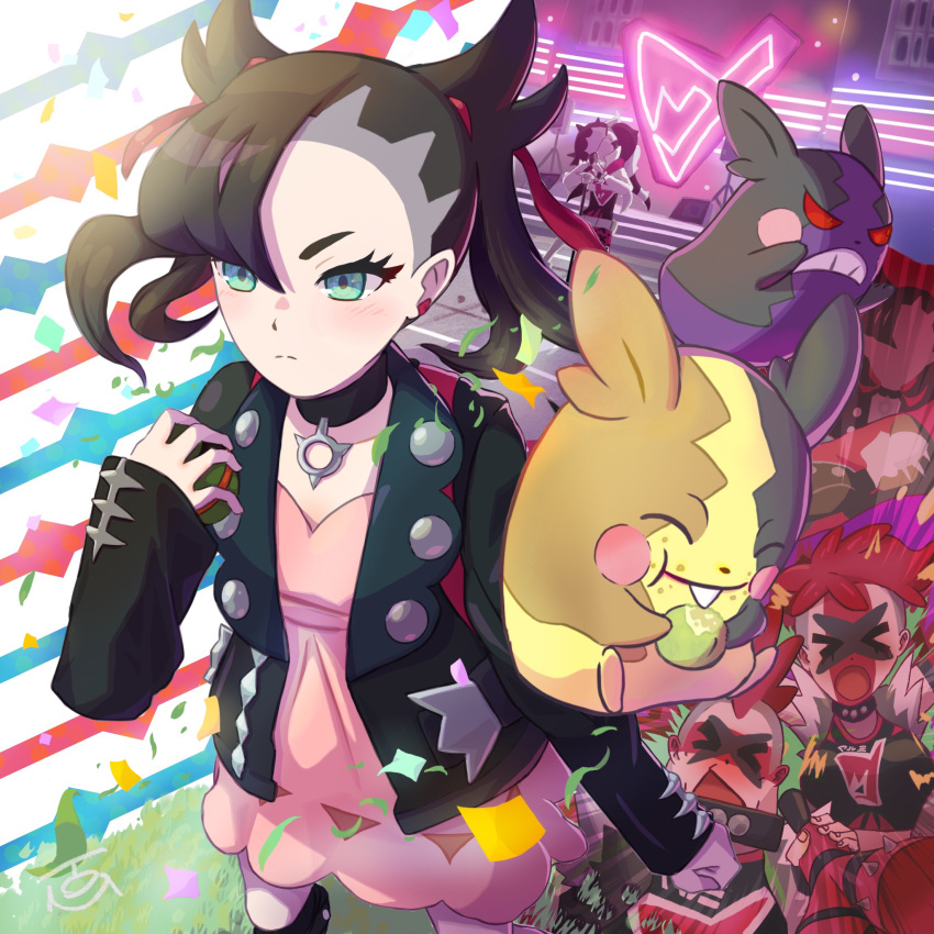 2boys 2girls asymmetrical_bangs bangs black_choker black_footwear black_hair black_jacket blush choker closed_mouth commentary_request confetti dress dusk_ball earrings gen_8_pokemon grass green_eyes hair_ribbon highres holding holding_poke_ball jacket jewelry long_sleeves marnie_(pokemon) morpeko morpeko_(full) morpeko_(hangry) multiple_boys multiple_girls open_clothes open_jacket piers_(pokemon) pink_dress poke_ball pokemon pokemon_(creature) pokemon_(game) pokemon_swsh red_ribbon ribbon spikemuth team_yell team_yell_grunt tom_(pixiv10026189)