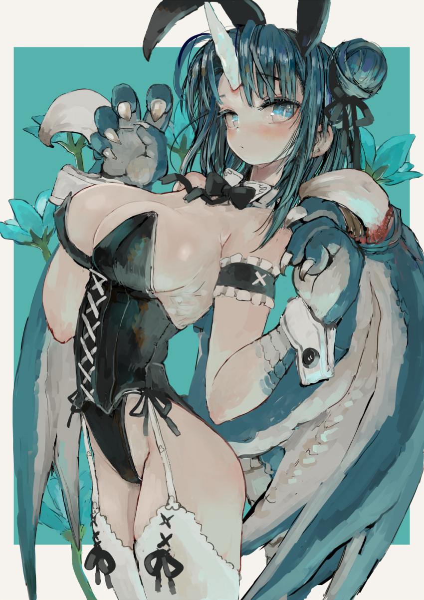 1girl animal_ears black_bow black_leotard black_neckwear black_ribbon blue_background blue_eyes blue_flower blue_hair blue_skin blush border bow bowtie breasts bright_pupils bunny_ears claws cleavage closed_mouth colored_skin double_bun dragon_girl dragon_horns dragon_wings ebimomo fake_animal_ears flower garter_straps hair_ribbon hands_up highleg highleg_leotard highres horns large_breasts leotard long_hair looking_at_viewer monster_girl multicolored multicolored_skin original playboy_bunny ribbon side-tie_leotard simple_background single_horn slit_pupils solo standing strapless strapless_leotard thighhighs white_border white_legwear white_pupils wings wrist_cuffs