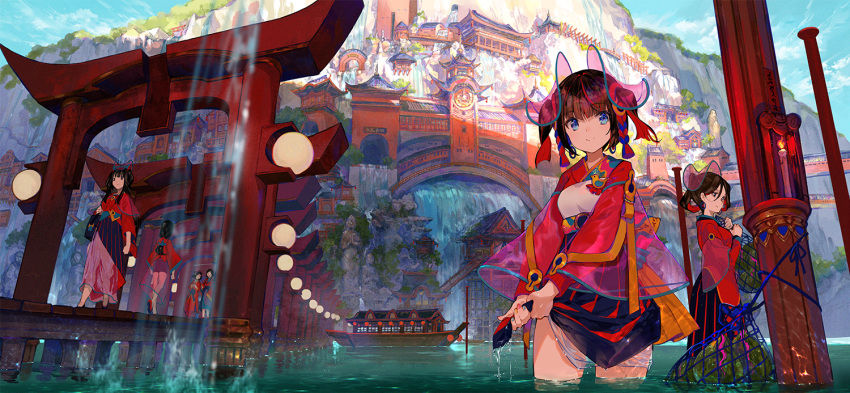 6+girls architecture black_hair black_hakama blue_eyes boat breasts building canal day east_asian_architecture fantasy fuzichoco hakama japanese_clothes kimono long_hair looking_at_viewer multicolored_hair multiple_girls original outdoors red_kimono scenery see-through small_breasts smile streaked_hair torii twintails wading water watercraft wide_shot