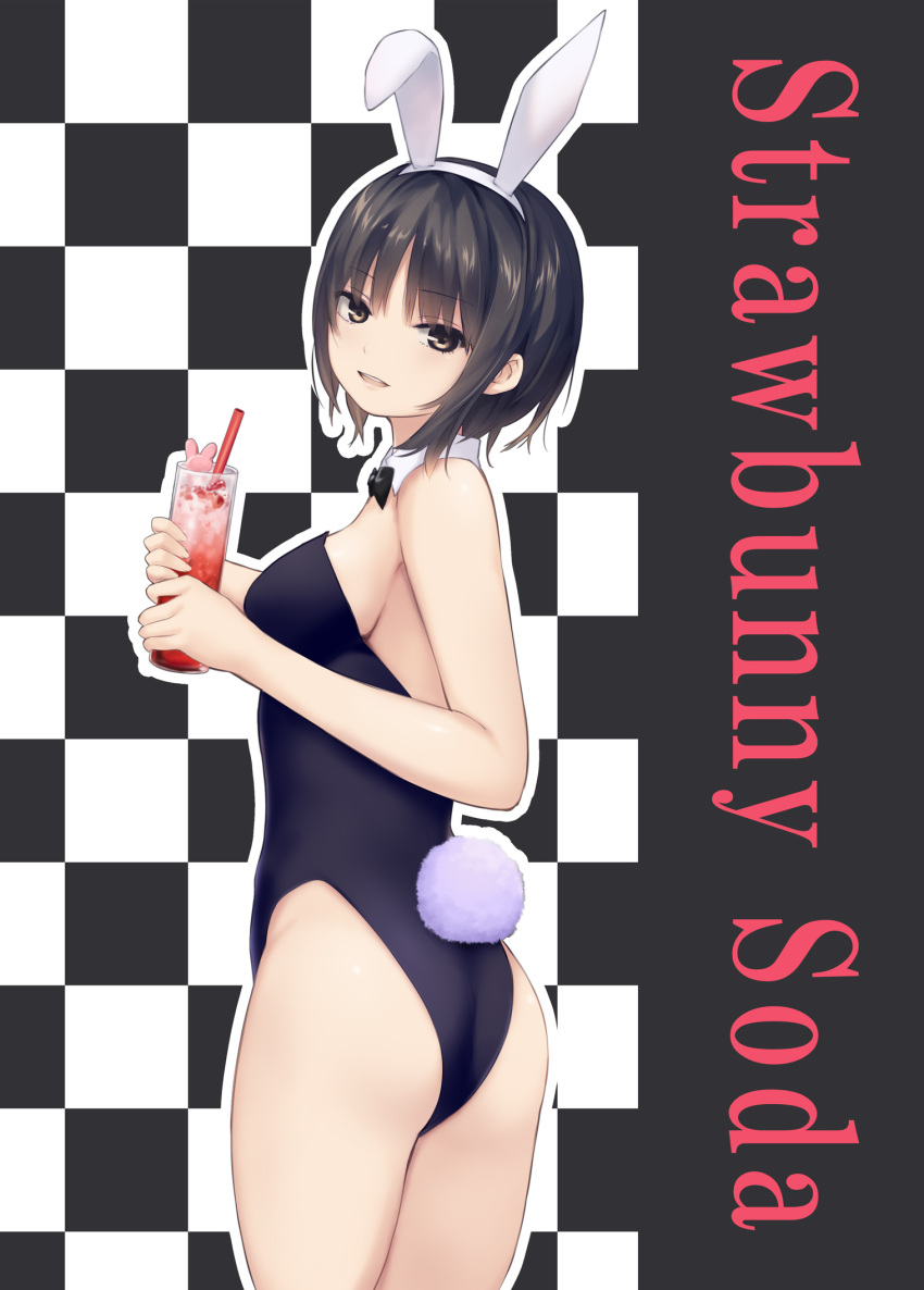 1girl animal_ears aoyama_sumika black_hair black_leotard black_neckwear bow bowtie brown_eyes bunny_ears bunny_tail checkered checkered_background coffee-kizoku commentary_request cowboy_shot detached_collar highres leotard original playboy_bunny short_hair solo strapless strapless_leotard tail wrist_cuffs