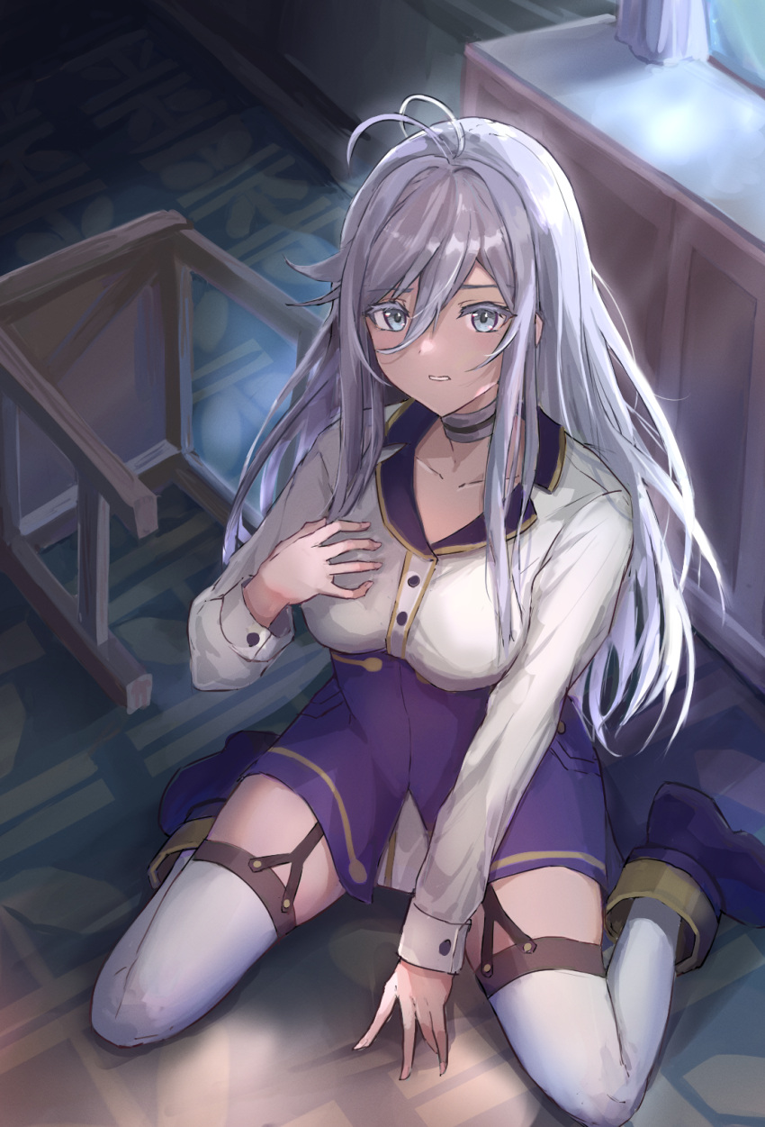 1girl 86_-eightysix- bangs blue_footwear blue_skirt boots breasts choker collarbone eyebrows_behind_hair hair_between_eyes hand_on_own_chest high-waist_skirt highres ito_t20a kneeling long_hair medium_breasts parted_lips silver_eyes silver_hair skirt solo thighhighs vladilena_millize wooden_chair