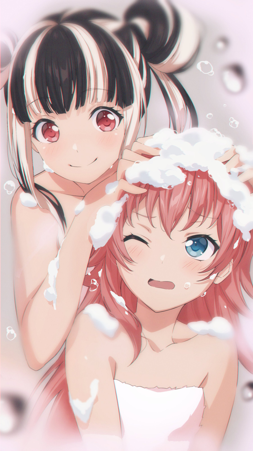 2girls absurdres bang_dream! bathing bathroom black_hair blue_eyes blush collarbone couple eyebrows_visible_through_hair highres long_hair multicolored_hair multiple_girls nobusawa_osamu nyuubara_reona one_eye_closed red_eyes red_hair shared_bathing smile soap_bubbles tamade_chiyu towel two-tone_hair washing_hair wet white_hair yuri