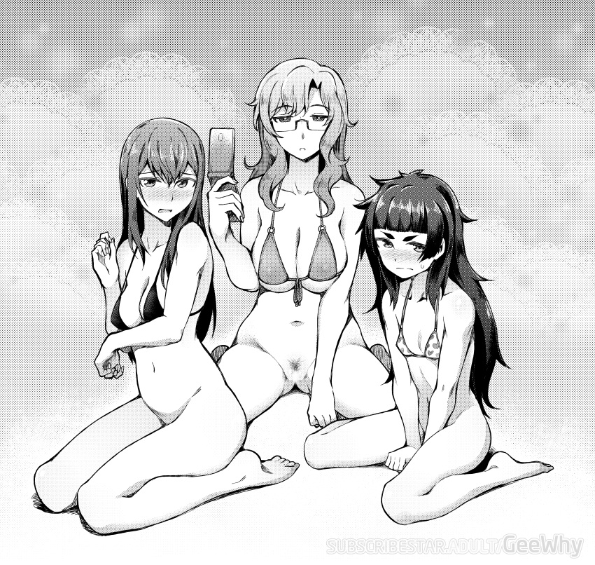 3girls absurdres artist_name bare_arms bare_shoulders barefoot blush bottomless breast_squeeze breasts cellphone christina_(hyakuren) closed_mouth embarrassed female_pubic_hair fingernails flip_phone geewhy glasses greyscale hand_up highres hiyajou_maho holding holding_phone jitome kiryuu_moeka large_breasts legs light_censor long_hair looking_at_viewer makise_kurisu medium_breasts messy_hair moderate_pubic_hair monochrome multiple_girls navel nose_blush parted_lips phone pubic_hair pussy seiza semi-rimless_eyewear sitting small_breasts steins;gate steins;gate_0 sweat under-rim_eyewear wariza