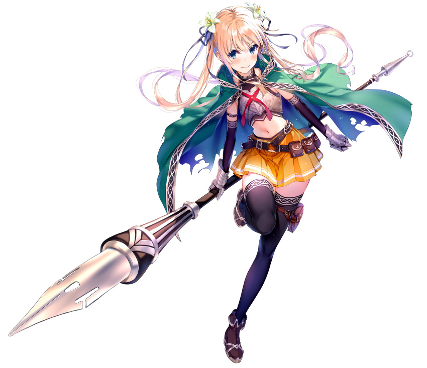 1girl ankle_boots armor bangs belt black_gloves black_legwear blonde_hair blue_eyes blush boots breastplate cape closed_mouth commentary_request elbow_gloves floating_hair flower full_body gauntlets gloves green_cape hair_flower hair_ornament highres holding holster leg_up long_hair looking_at_viewer midriff misaki_kurehito navel official_art saenai_heroine_no_sodatekata sawamura_spencer_eriri simple_background skirt smile stomach thigh_holster thighhighs tied_hair torn_cape torn_clothes twintails white_background yellow_skirt zettai_ryouiki