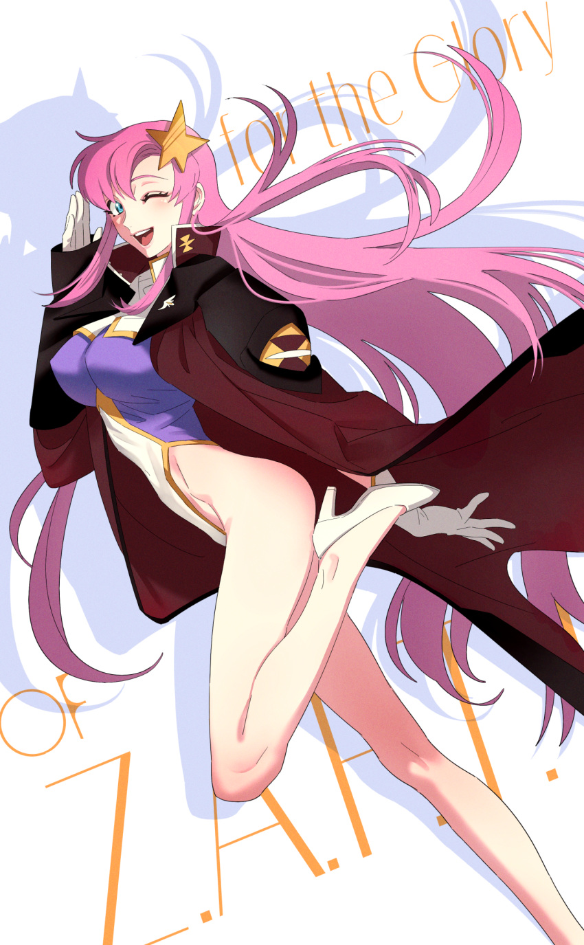 1girl ;d bangs blue_eyes breasts coat from_side gloves gundam gundam_seed gundam_seed_destiny hair_between_eyes hair_ornament high_heels highleg highleg_leotard highres large_breasts leg_up leotard long_hair long_sleeves looking_at_viewer meer_campbell nito_minatsuki one_eye_closed open_clothes open_coat open_mouth pink_hair pumps red_coat smile solo star_(symbol) star_hair_ornament very_long_hair white_background white_footwear white_gloves
