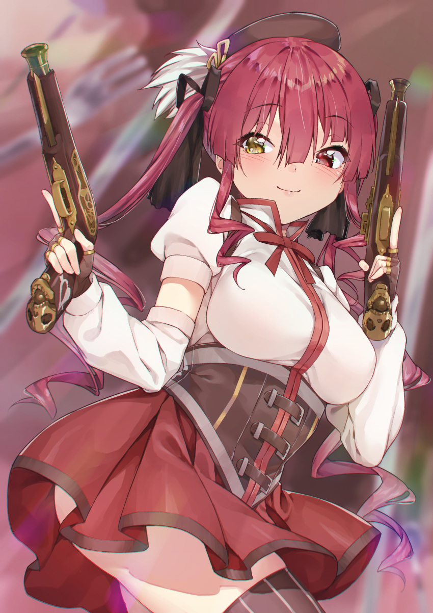 1girl absurdres antique_firearm arrow_through_heart beret blurry breasts corset cosplay cowboy_shot depth_of_field detached_sleeves dual_wielding fingerless_gloves firearm firelock flintlock gloves gun hat heterochromia highres holding hololive houshou_marine koubou_(cowbow_kun) large_breasts mahou_shoujo_madoka_magica pleated_skirt red_hair skirt skull smile solo striped striped_legwear thighhighs tomoe_mami tomoe_mami_(cosplay) trigger_discipline twintails weapon