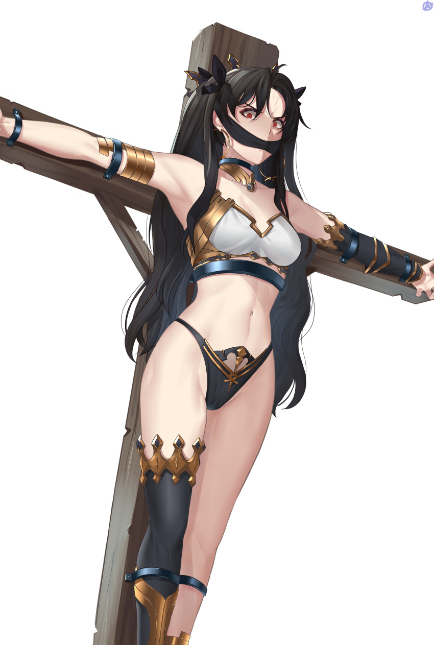1girl absurdres armband armpits bdsm bikini black_hair bondage bound breasts choker cross crucifixion detached_sleeves earrings fate/grand_order fate_(series) gag gagged hair_between_eyes highres hoop_earrings ishtar_(fate) ishtar_(fate)_(all) jewelry long_hair looking_at_viewer navel red_eyes restrained simple_background solo swimsuit thighhighs w4pz white_background