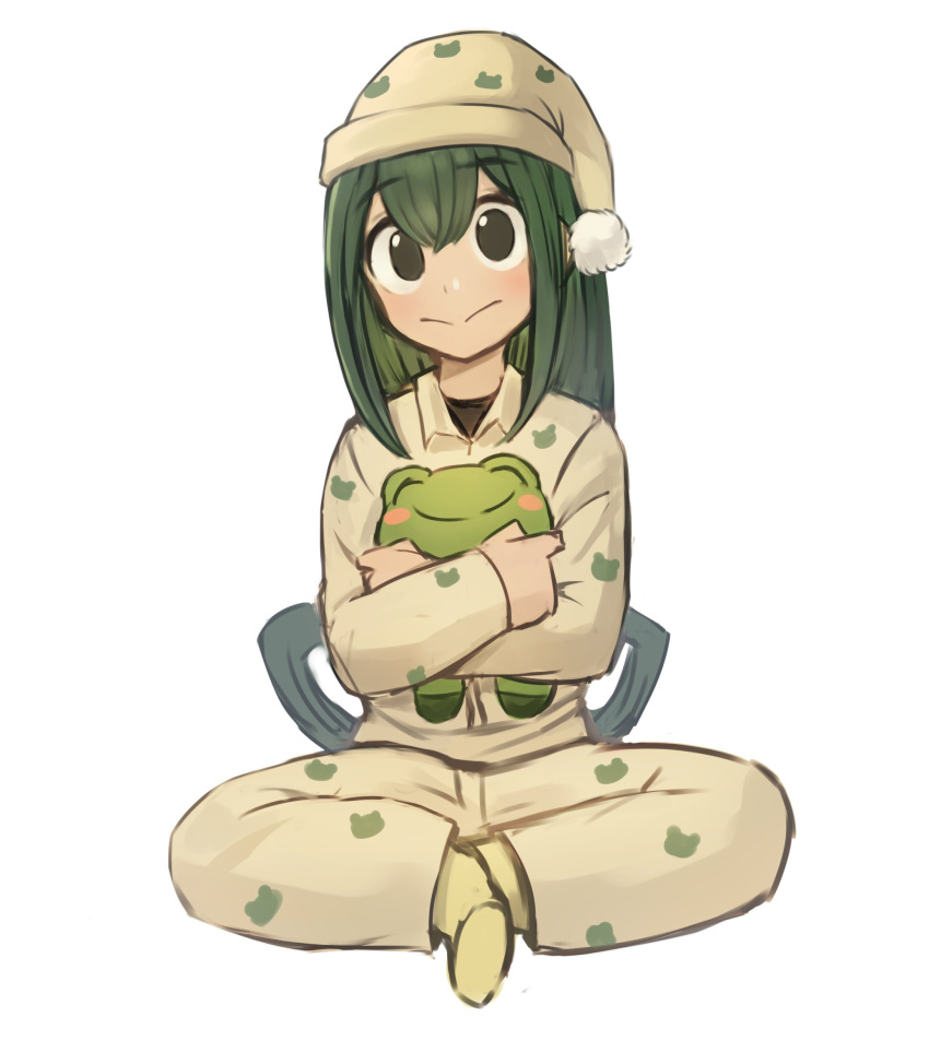 1girl :&gt; asui_tsuyu black_eyes boku_no_hero_academia doodle frog green_hair hair_between_eyes hat highres light_blush long_hair long_sleeves pajamas simple_background sitting socks solo sookmo white_background