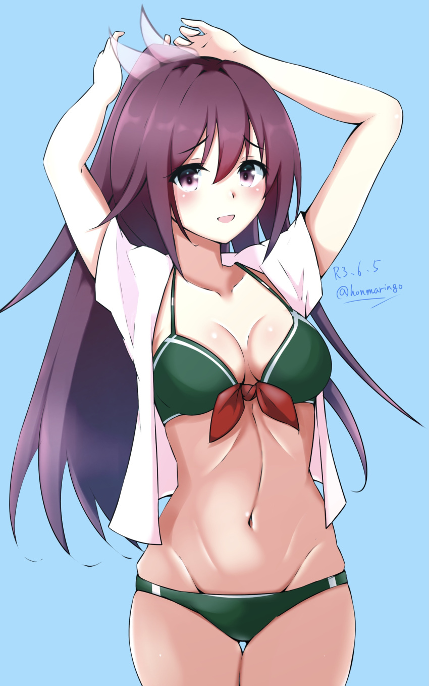 1girl absurdres arms_up bikini blue_background brown_hair cowboy_shot dated dress_shirt green_bikini green_swimsuit hair_ornament highres honma_(honmatomohiro) kantai_collection kisaragi_(kancolle) long_hair looking_at_viewer lowleg lowleg_bikini navel open_clothes open_shirt ponytail purple_eyes shirt simple_background solo swimsuit thigh_gap twitter_username white_shirt